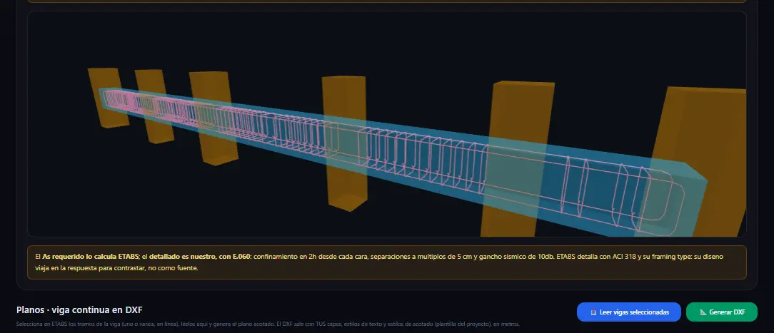 Despiece 3D del refuerzo de una viga generado desde ETABS, con estribos y ganchos reales